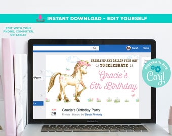 Pony Facebook Event Editable Cover Virtual Party Facebook Horse Online Birthday Party Customized Event Cover Digital Corjl Facebook Event