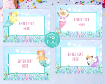 Può includere: Quattro etichette per bomboniere di festa stampabili a tema gatto sirena con uno sfondo oceanico blu e verde. Le etichette hanno un bordo bianco e uno spazio per inserire il testo. Il testo sulle etichette dice "Inserisci testo qui".