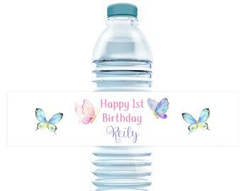 Butterfly Water Bottle Labels Printable Butterflies Birthday Party Labels Personalized Spring Butterfly Garden Watercolor Gold DIY Wraps