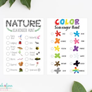 May include: Two printable scavenger hunt checklists for kids. The first checklist is titled "Nature Scavenger Hunt" and features illustrations of a flying bird, ladybug, brown leaf, Y-shaped stick, worm, squirrel, and pinecone. The second checklist is titled "Color Scavenger Hunt" and features colored paint splatters in red, orange, yellow, green, brown, gray, blue, pink, purple, white, black, and rainbow.