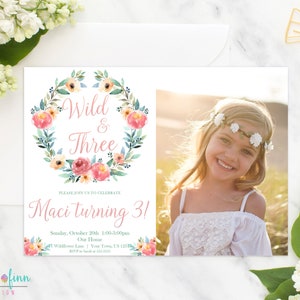 Wild and Three Invitation Birthday Party Wildflower Invitation Party Printable 3rd Third Birthday 3rd Birthday Invite Boho 3 Floral Flowers