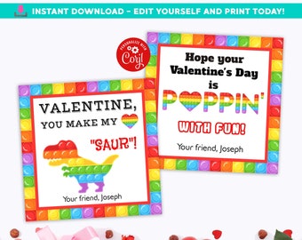 Dinosaur Pop It School Valentine Cards Classmate Valentines EDITABLE in Corjl Fidget Valentine Heart Poppin Printable Valentines for Class