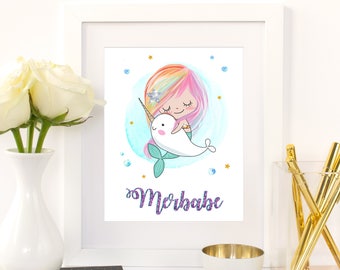 Mermaid Printable Gift Merbabe Mermaid Print Narwhal Christmas Gift Mermaid Party Mermaid Room Decor Girls Room Decor Mermaid Art Printable