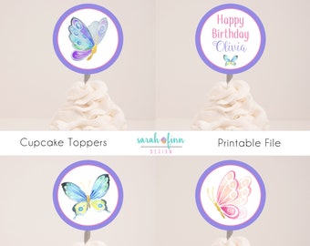 Butterfly Printable Birthday Cupcake Toppers Party Decoration Pink Blue Purple First 1st Birthday Printable Party Supplies Garden Spring