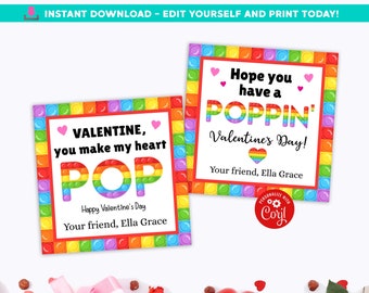 Pop It School Valentine Cards Classmate Valentines EDITABLE in Corjl Fidget Valentine Heart Poppin Printable Valentines for Class School