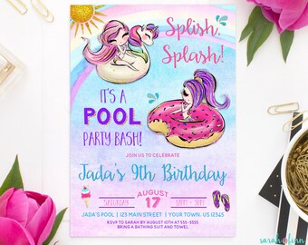 Pool Party Invitation PRINTABLE Unicorn Donut Pool Party Birthday Invitation Floatie Pool Party Invite Party Supplies Girl Summer Beach Bash