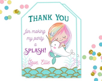 Mermaid Narwhal Favor Tags Narwhal Birthday Mermaid Party Narwhal Tags Printable Mermaid Birthday Party Thank You Tags Teal Purple