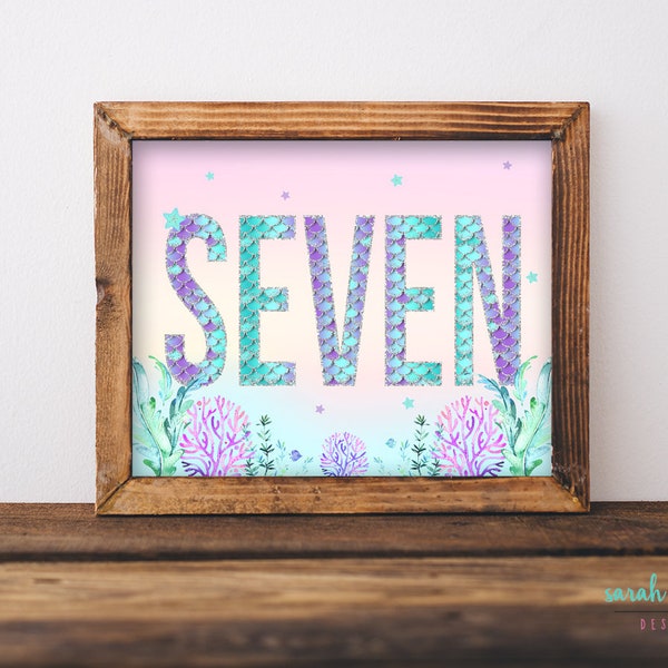 Mermaid 7th Birthday Letters Printable Seventh Birthday Party Seven Letter Art Decor Digital Art INSTANT DOWNLOAD Under the Sea Decorations