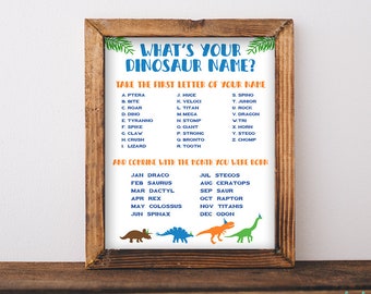 What's Your Dinosaur Name Printable Sign Instant Download Party Game Modern Boy Dino Birthday Party Instant Download T-Rex Decoration