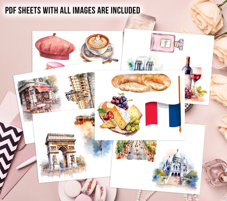 May include: A collection of watercolor illustrations featuring Parisian landmarks, food, and culture. Images include the Eiffel Tower, the Sacr&eacute;-C&oelig;ur Basilica, a cafe, a baguette, cheese, grapes, and a beret.