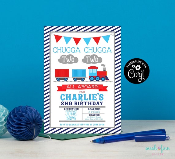 Train Invitation Chugga Chugga Two Two Train Second Birthday Invitation Editable Corjl Train Party Printable Boy Birthday Trains All Aboard