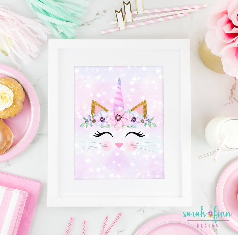 caticorn cat unicorn printable wall art party decor instant etsy