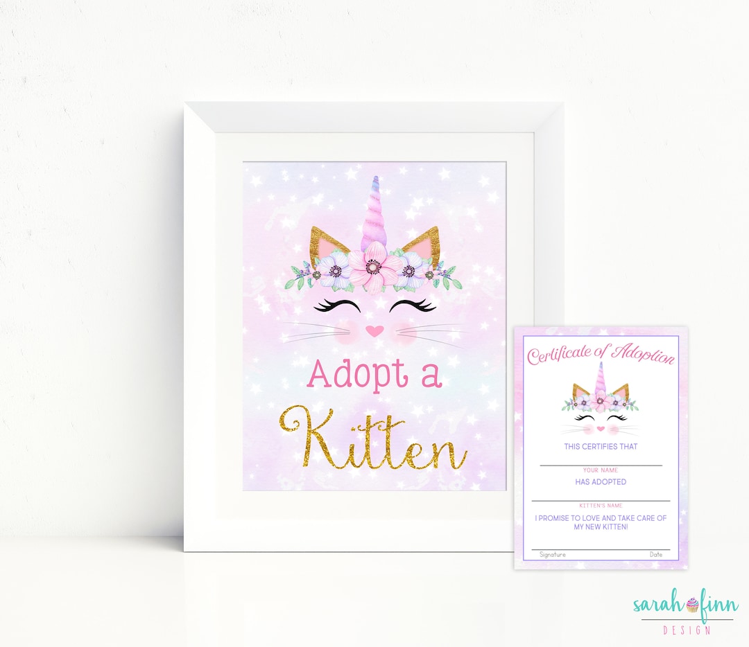 Adopt a Kitten Sign and Certificate Caticorn Printable Cat Birthday ...