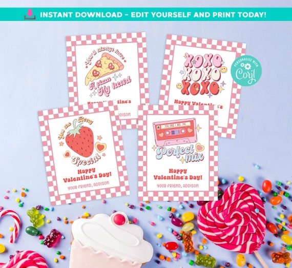 Groovy School Valentine Printable Groovy Cards Classroom Valentines Tags EDITABLE Corjl Checkered Printable Valentines for Kids Class School