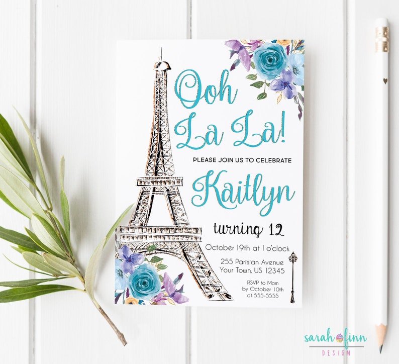 Paris Invitation Paris Birthday Party Teal Purple Eiffel Tower Paris Invite Paris Theme Printable Birthday Invitation Ooh La La Any Age image 1