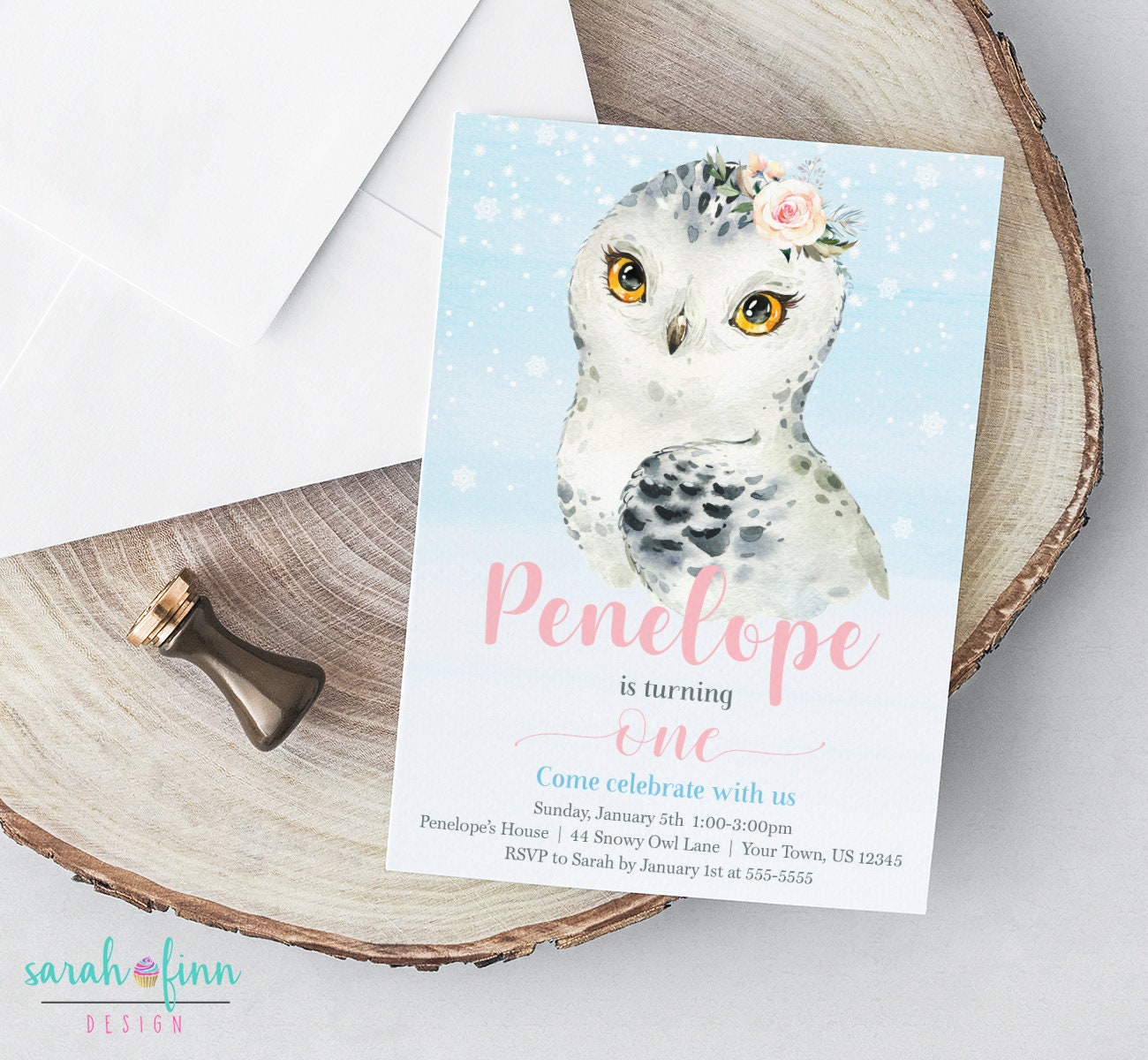Owl Birthday Invitation Girl Watercolor Winter Animals Birthday Party Invite Snowy Owl Arctic Winter