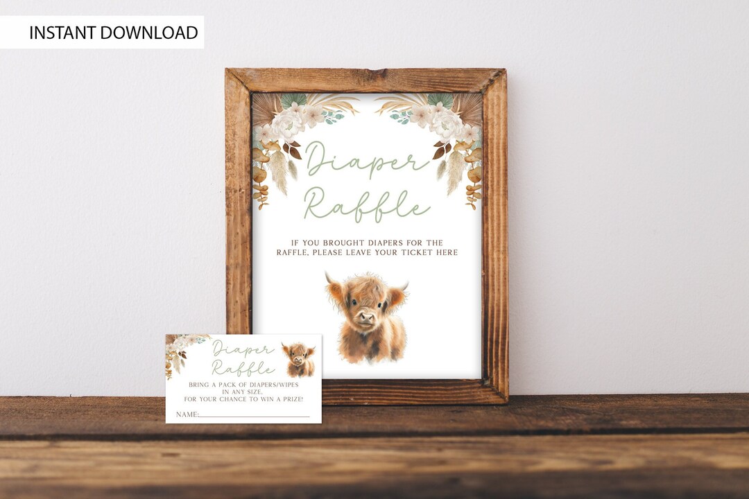 Cow Tickent R Highland Cow Diaper Raffle Sign & Tickets Boho Baby Shower Game Gender ...