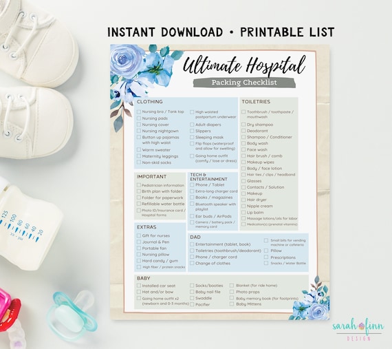 Hospital Bag Checklist Labor and Delivery Check List Mom and Baby INSTANT  DOWNLOAD Printable File Baby Essentials Pregnancy Maternity Blue