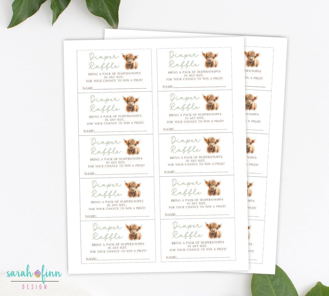 Nappy Raffle Highlander Highland Cow Diaper Raffle Sign & Tickets Boho Baby Shower Game Gender ...