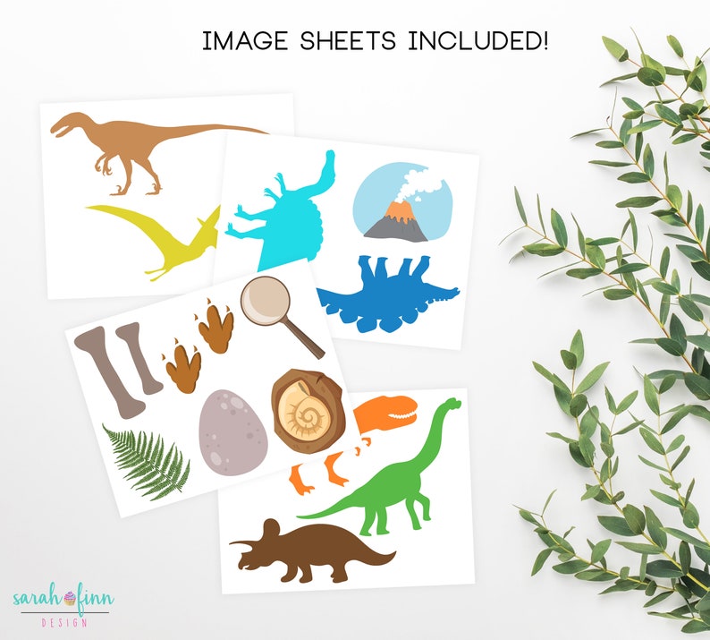 May include: Four printable sheets featuring dinosaur illustrations. The sheets include a green dinosaur, a brown dinosaur, a blue dinosaur, a yellow dinosaur, a volcano, a magnifying glass, a fern, a dinosaur egg, a seashell, and dinosaur bones.