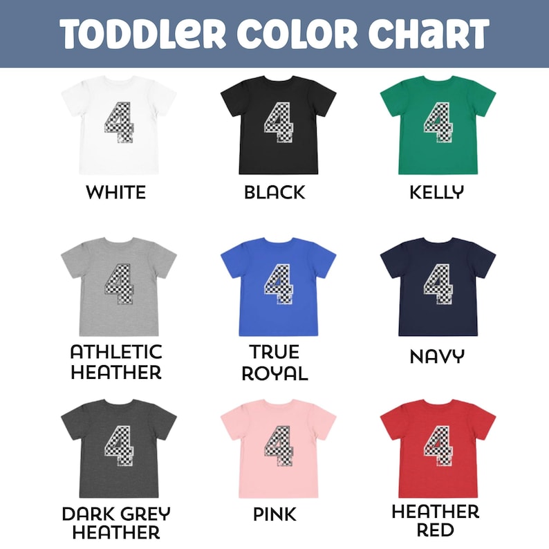Pu&ograve; includere: Una tabella colori di t-shirt per bambini piccoli in vari colori, ognuna con il numero "4" in un motivo a scacchi. I colori includono bianco, nero, verde, grigio, blu, blu navy, grigio scuro, rosa e rosso. Il testo "TODDLER COLOR CHART" &egrave; in alto.