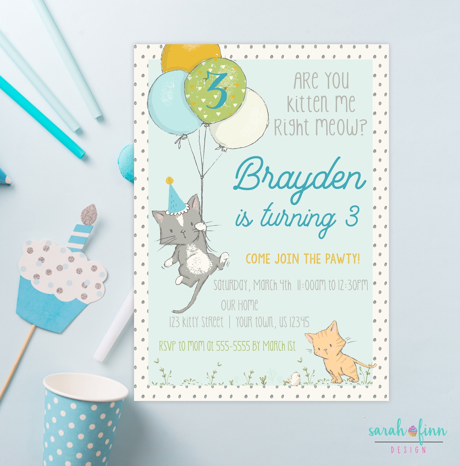 Kitten Birthday Invitation Kitty Boy Cat Birthday Party Are - Etsy