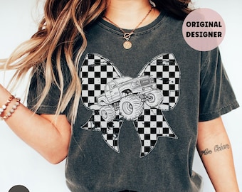 Checkered Bow Shirt Distressed Grungy Monster Truck Mom Tshirt Comfort Colors Tee Cute Monster Truck Lover Mama Birthday Party Shirt