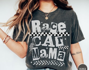 Race Car Mama Shirt Oversized Comfort Colors Tee Racing Mom T-Shirt Trendy Grunge Race Car Birthday Party Checkered Mama Dirt Track