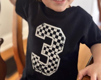 Checkered Number 3 Toddler Tee Race Car Birthday Shirt 3rd Birthday Checkered Distressed Three Monster Truck Party Tshirt
