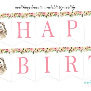 Puede incluir: Un cartel con las letras rosas "HAPPY BIRTH". Tiene un borde floral e ilustraciones de erizos. El texto "matching banner available separately" est&aacute; en la parte superior. Ideal para una fiesta de cumplea&ntilde;os.