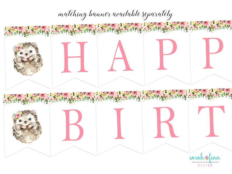Puede incluir: Un cartel con las letras rosas "HAPPY BIRTH". Tiene un borde floral e ilustraciones de erizos. El texto "matching banner available separately" est&aacute; en la parte superior. Ideal para una fiesta de cumplea&ntilde;os.