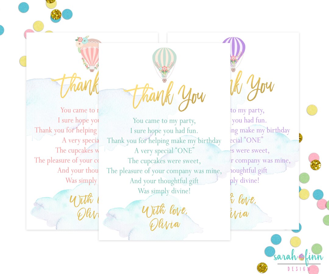 Hot Air Balloon Thank You Cards Birthday Thank You up up and Away ...