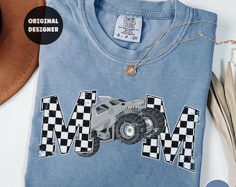 Monster Truck Mom Shirt Comfort Colors Monster Truck Checkered Mom T-Shirt Shark Truck Birthday Party Family