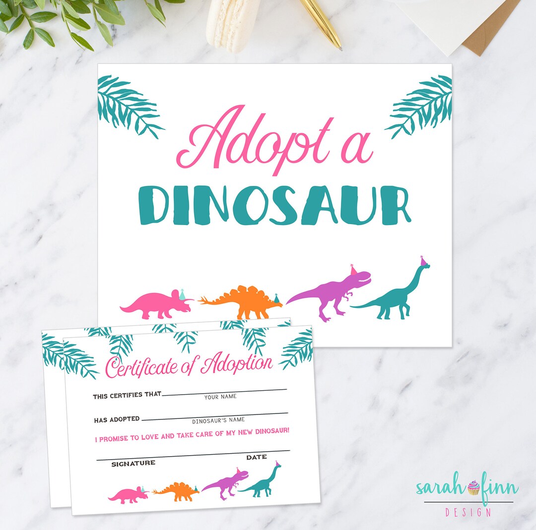 Adopt a Dinosaur Printable Sign and Certificate Girl Modern Dino ...