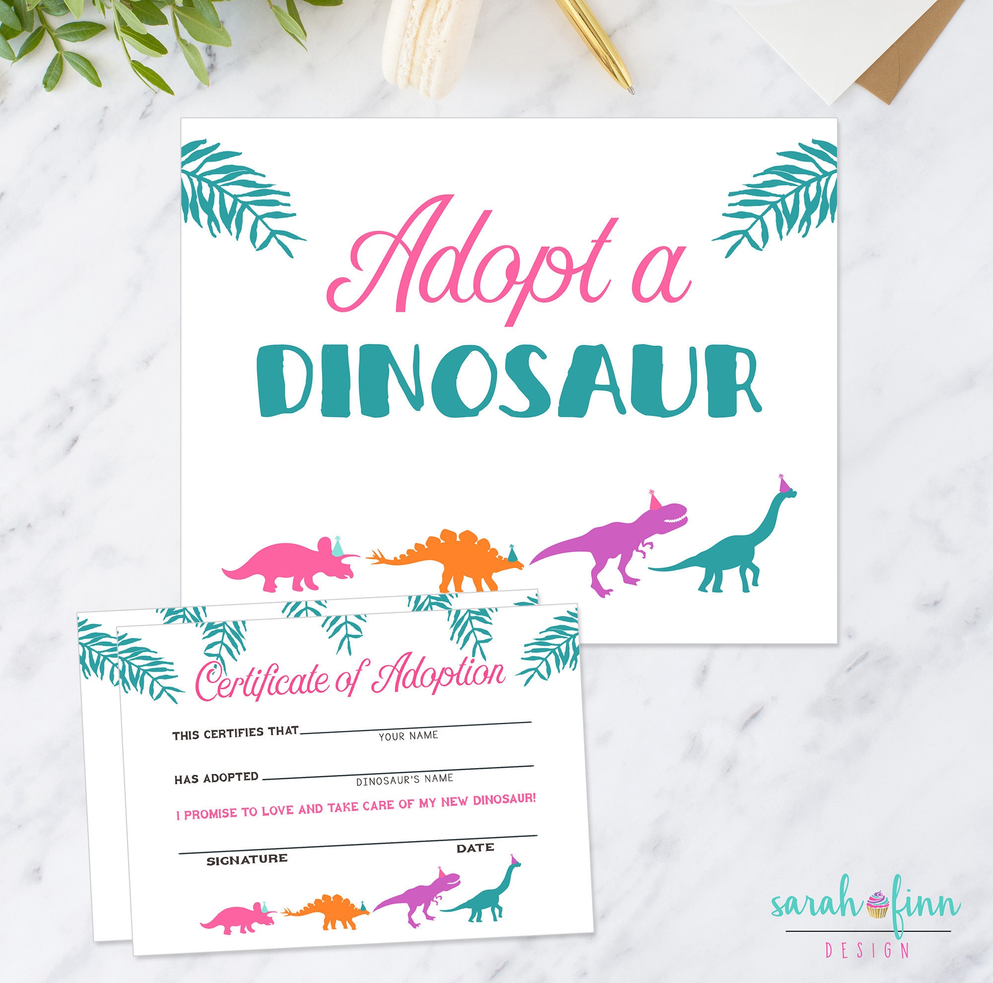 Adopt A Dinosaur Printable Sign And Certificate Girl Modern Etsy