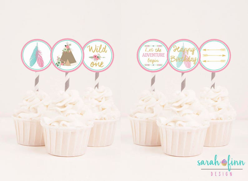 Wild One Cupcake Toppers, Birthday Party Toppers, Boho Party, Pink Mint Tri...