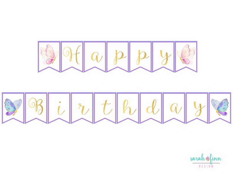 Butterfly Happy Birthday Banner Printable Instant Download Butterflies Pink Blue Purple Gold First Birthday Party Decor Supplies DIY