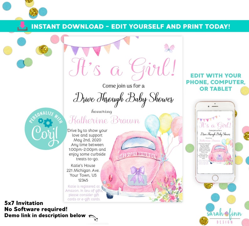 Drive By Baby Shower Invitation Baby Girl Shower Drive Through Etsy