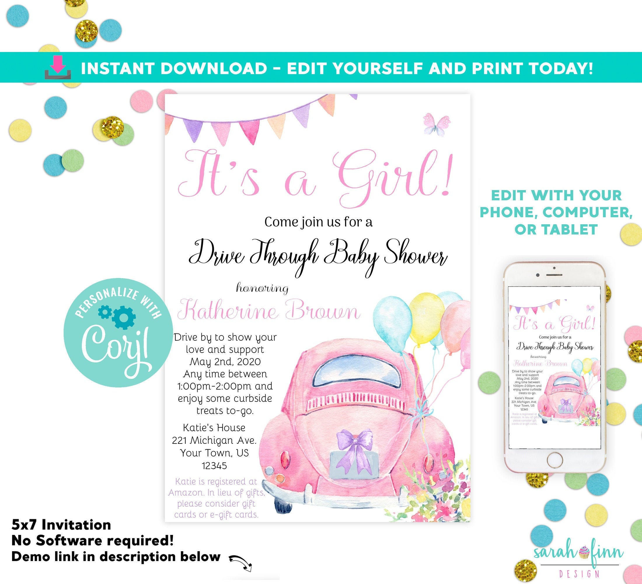 Drive By Baby Shower Invitation Baby Girl Shower Drive Through Etsy