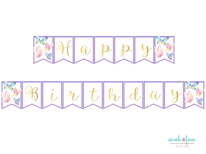 Butterfly Happy Birthday Banner Printable Instant Download Butterflies Pink Blue Purple Gold First Birthday Party Decor Supplies DIY