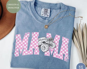 Monster Truck Mama Shirt Oversized Comfort Colors Girl Monster Truck Mom T-Shirt Birthday Party Shirt for Mom Pink Checkered Mama Tee