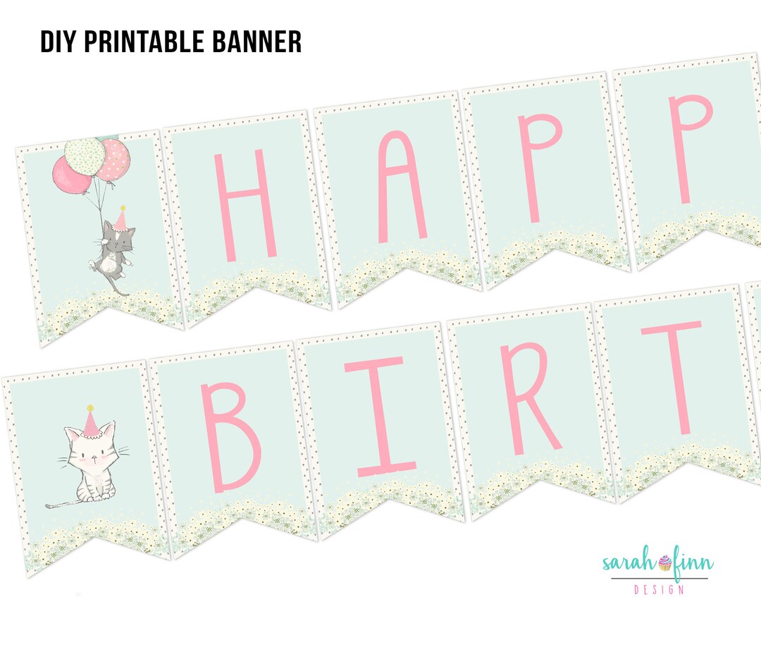 Kitten Happy Birthday Banner Printable Instant Download Girl Kitty Cat ...