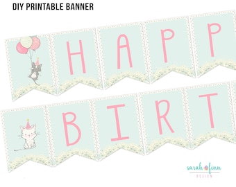 Kitten Happy Birthday Banner Printable Instant Download Girl Kitty Cat Party Decor Printable Kitten Party Supplies DIY DIGITAL Files