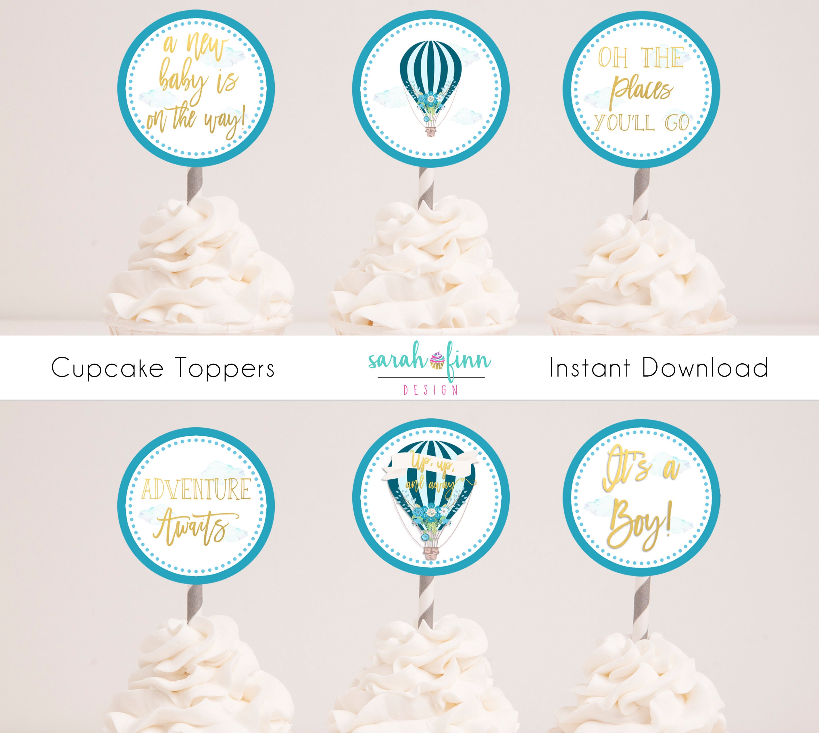 Hot Air Balloon Cupcake Toppers Boy Baby Shower Up and away | Etsy