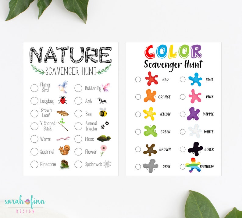 May include: Two printable scavenger hunt checklists for kids. The first checklist is titled "Nature Scavenger Hunt" and features illustrations of a flying bird, ladybug, brown leaf, Y-shaped stick, worm, squirrel, and pinecone. The second checklist is titled "Color Scavenger Hunt" and features colored paint splatters in red, orange, yellow, green, brown, gray, blue, pink, purple, white, black, and rainbow.