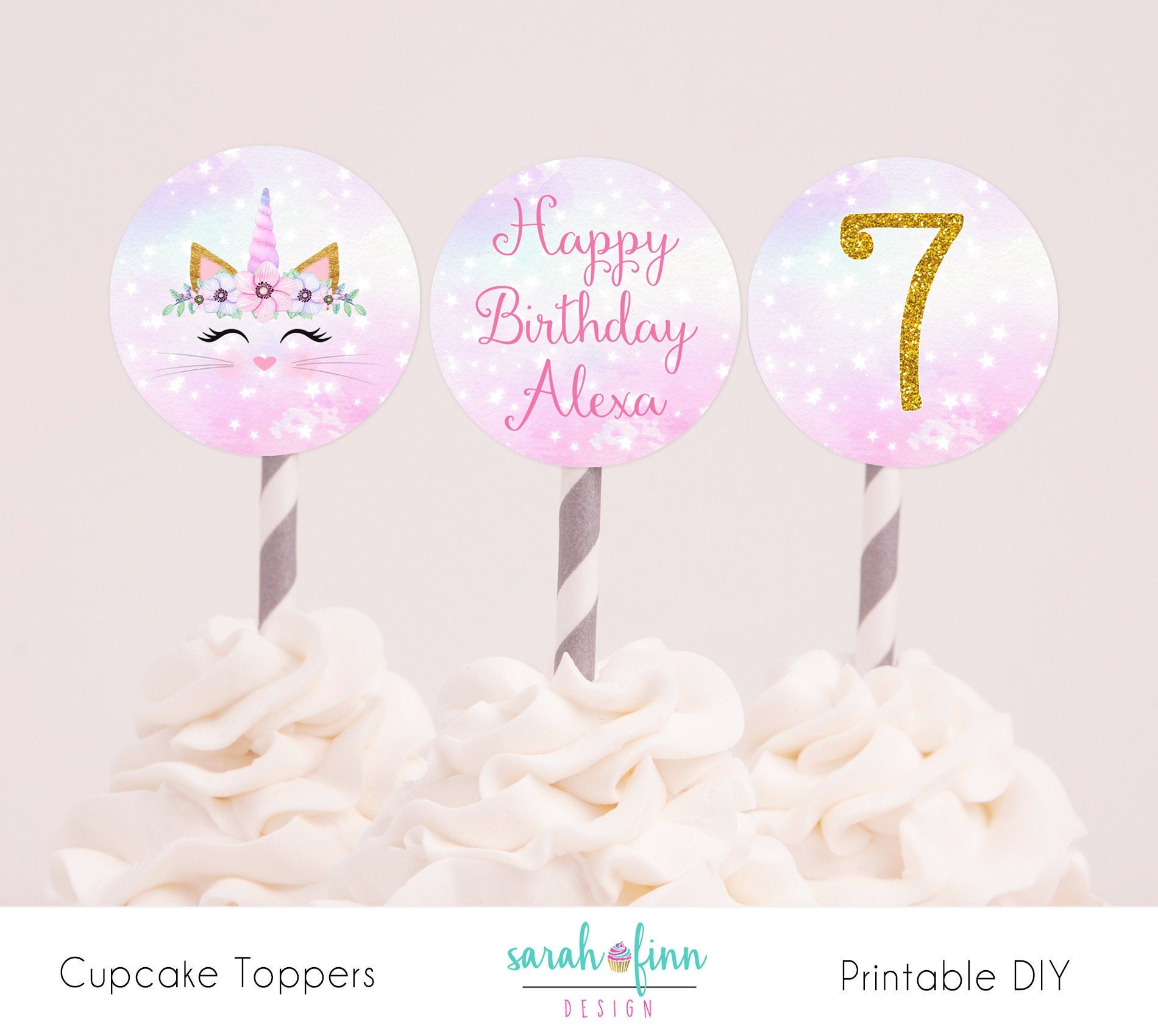Caticorn Cupcake Toppers Printable Birthday Cupcake Party Decorations DIY Personalized Caticorn Watercolor Pink Gold Cat Kitten Digital