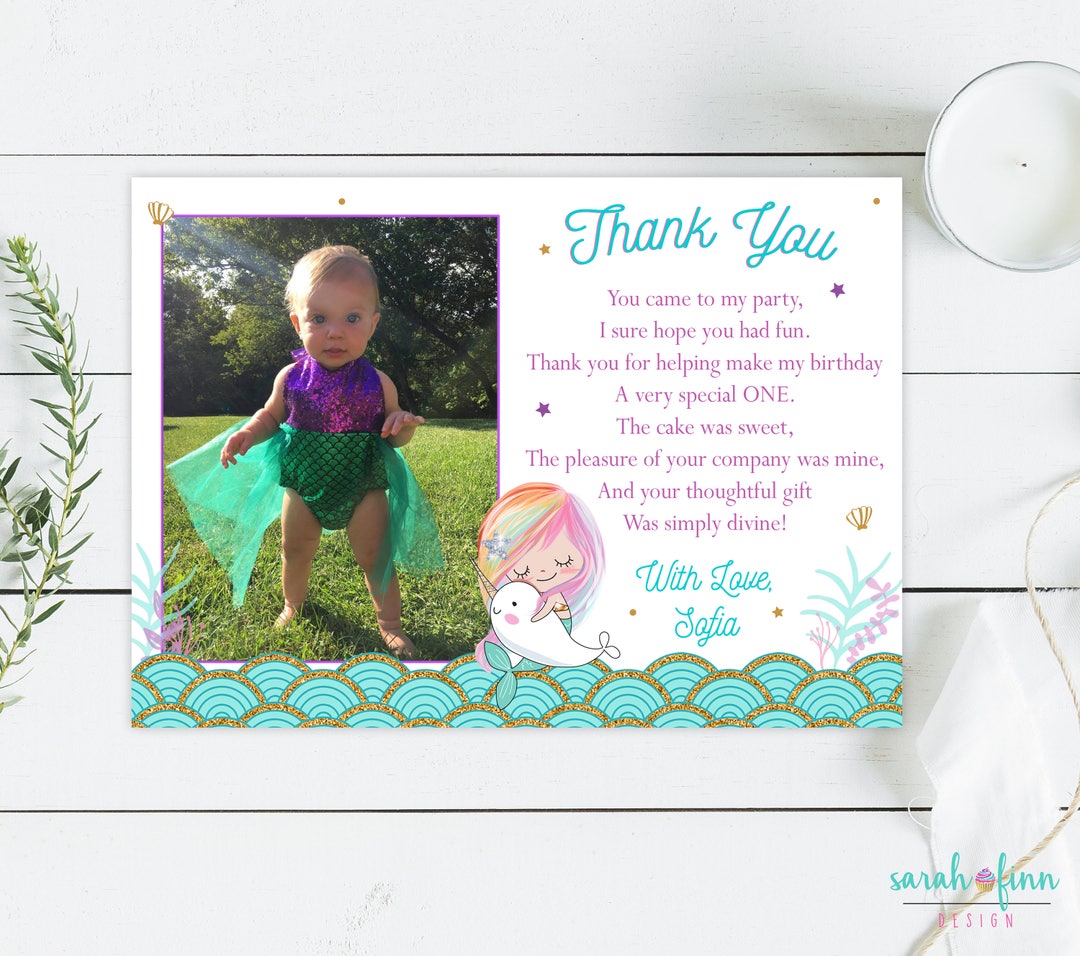 Mermaid Thank You Card Narwhal Birthday Mermaid Party Narwhal Thank You ...