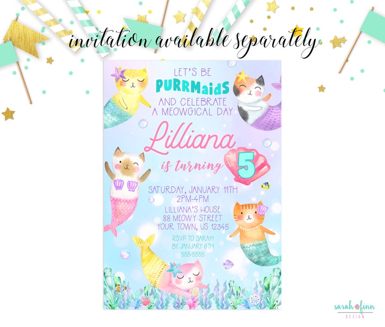 Mercat Thank You Card Editable Purrmaid Party Thank You Card Instant Download Edit with Corjl Birthday Printable Digital 4x6 Cat Mermaid image 7