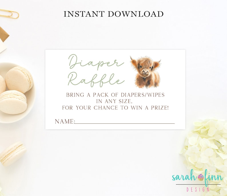 Nappy Raffle Highlander Highland Cow Diaper Raffle Sign & Tickets Boho Baby Shower Game Gender ...