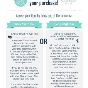 Peut inclure: Un graphique turquoise et blanc avec le texte "Merci pour votre achat !" et des instructions sur la fa&ccedil;on d'acc&eacute;der &agrave; votre article achet&eacute;. Le graphique comprend deux options : "V&eacute;rifier votre e-mail" et "Aller sur Corjl.com".